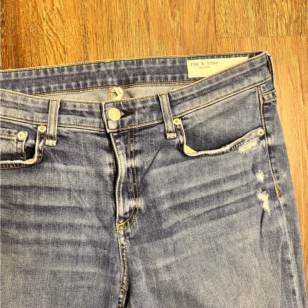 Rag & Bone 29 Dre Low-Rise Slim Boyfriend Distressed Blue Skinny Jeans W2592K510